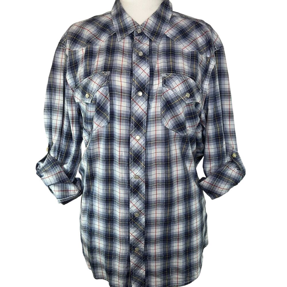 Canyon River Blue‎ Women's Button Shirt XL Plaid Pearl Snap Western Horse Girl